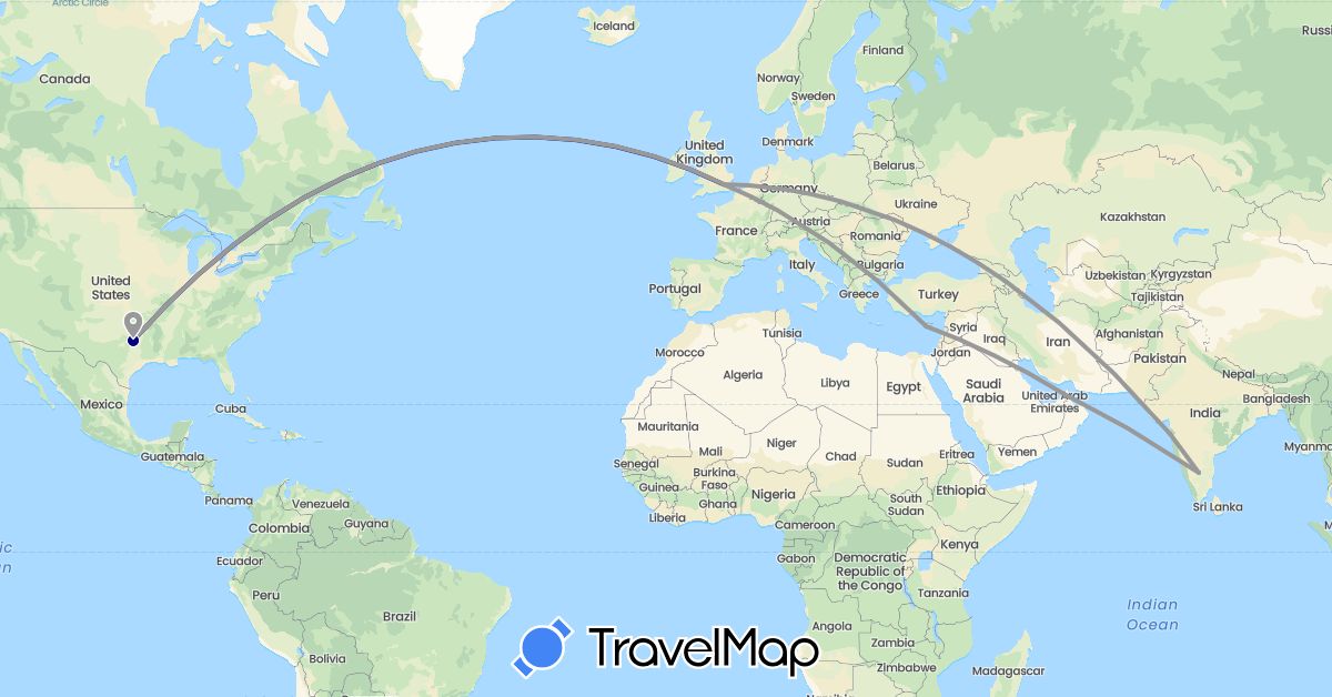 TravelMap itinerary: driving, plane in United Arab Emirates, Cyprus, United Kingdom, India, United States (Asia, Europe, North America)